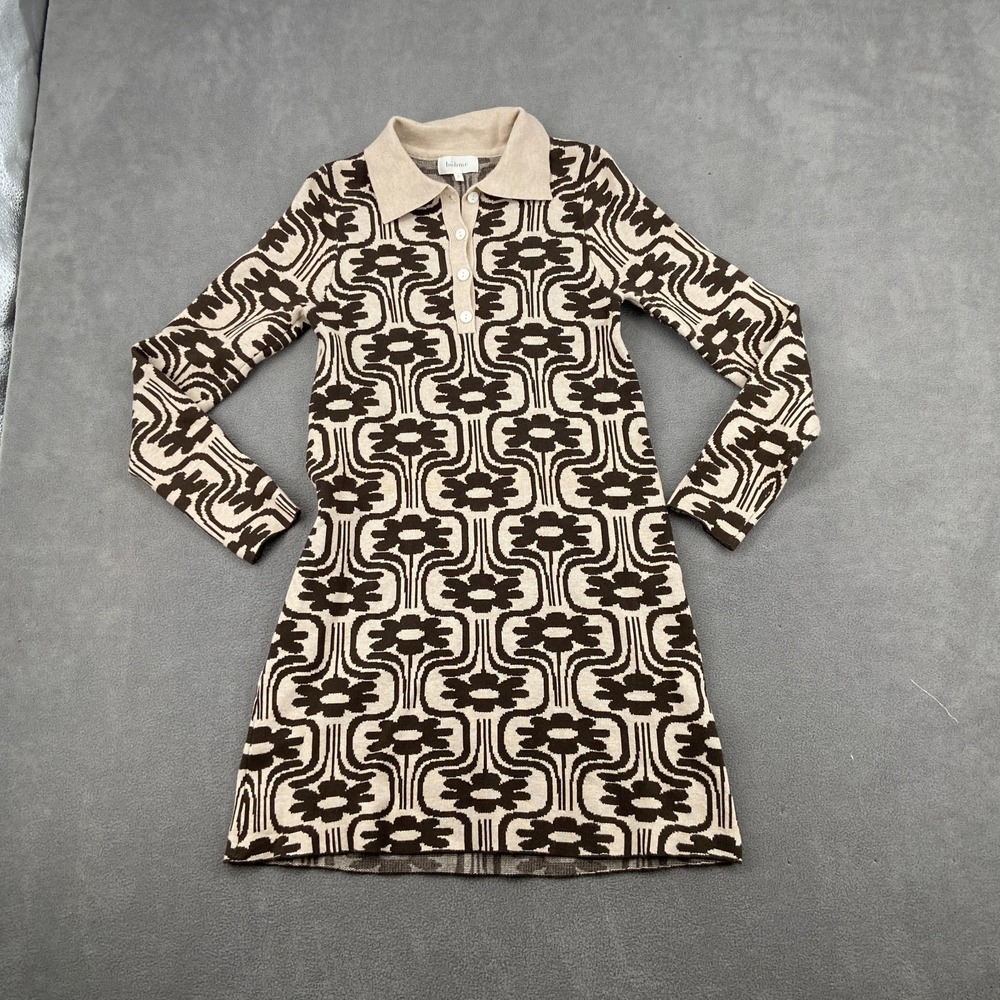 Bohme Sweater Dress Womens Small Beige Brown Floral Tight Knit Tennis Thermal‎